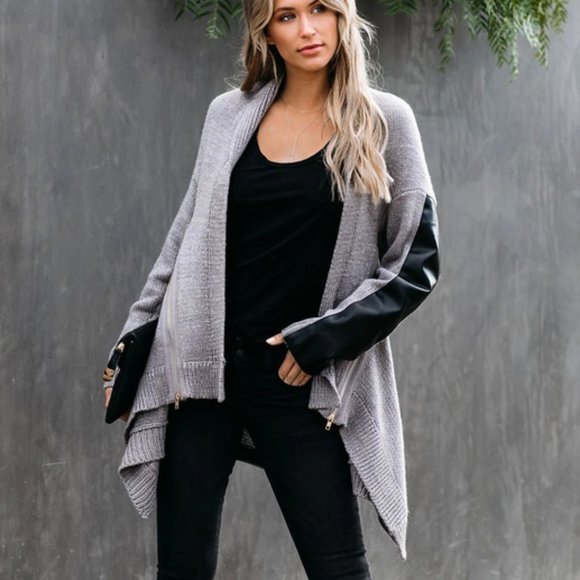 Vici Sweaters - Vici Joyce Faux Leather Zip Cardigan